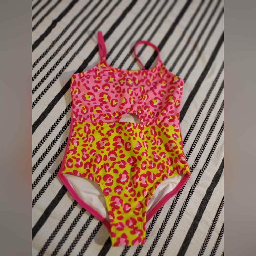 Cat & Jack Pink and Neon Yellow Leopard Print Girls' One-Piece Swimsuit